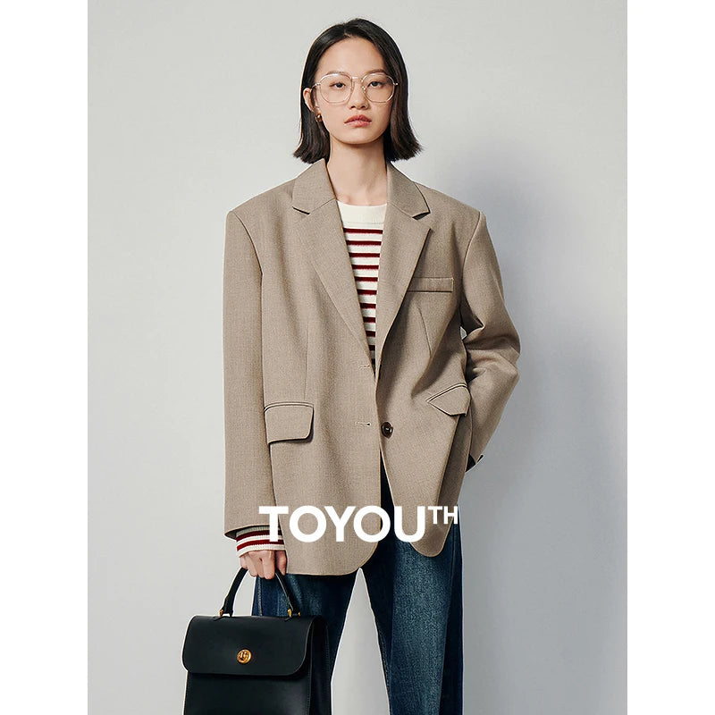 TOYOUTH 2024 Women Blazer Jacket Spring New Oversize Back Split Hem Solid Color Office Lady Fashion Casual Suit