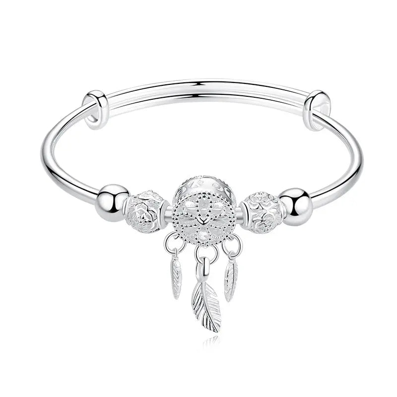 1pcs Copper Alloy Silver Plated Bracelet Ladies Cold Wind Dreamcatcher Leaves Tassel Turn Beads Jewelry