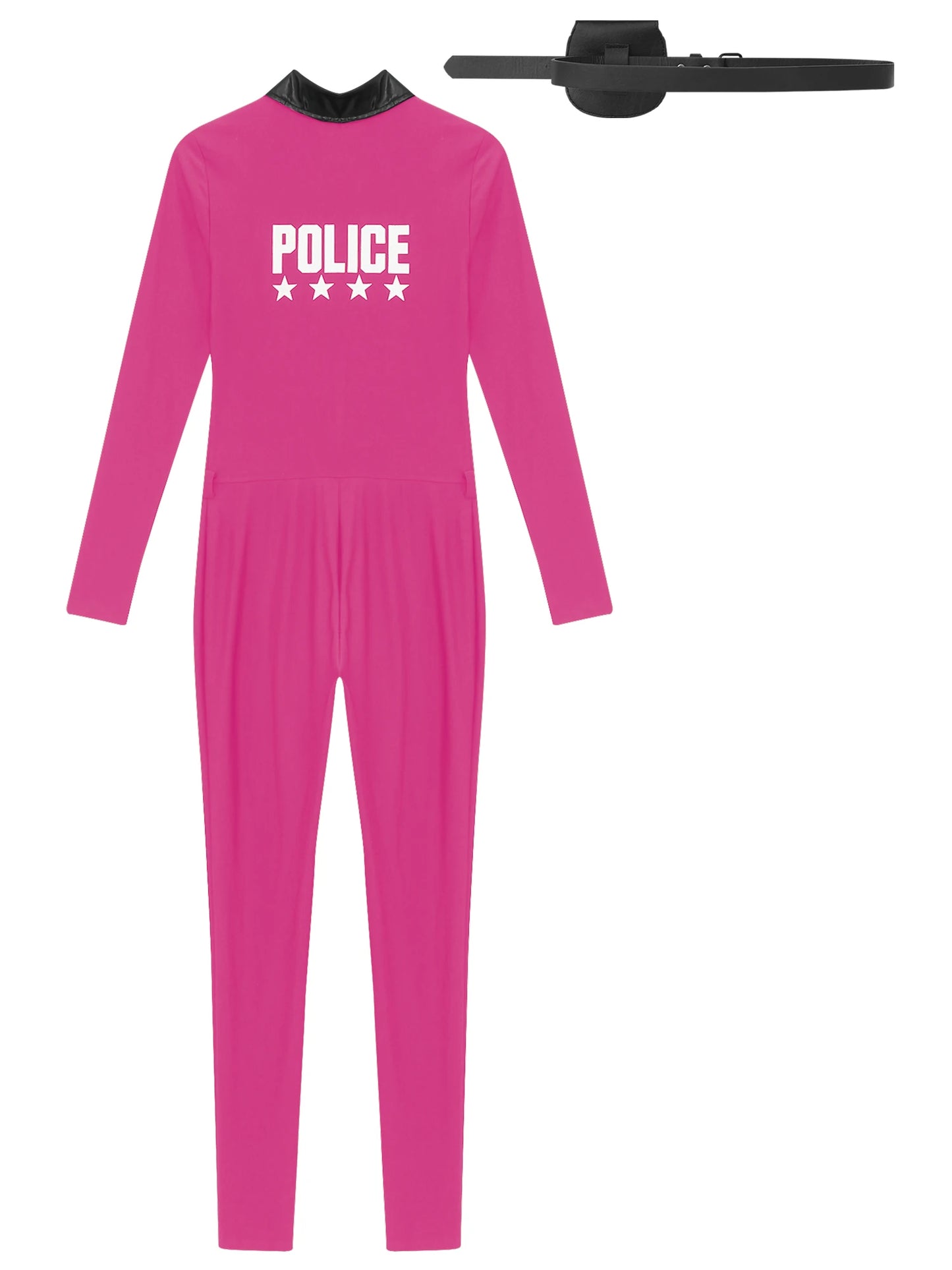 Women Police Cosplay Costume Long Sleeve Zip Up Overall Jumpsuit with Bag Belt Career Theme Party Rave Dance Bodysuits