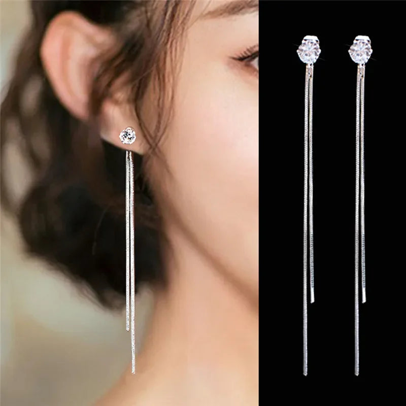 Drop Ear Line Long Hanging Earrings for Women Rose Gold Color Zircon Crystal Piercing Threader Earing Ear Accessories Jewelry