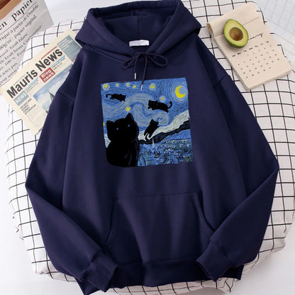 The Starry Cat Night Printing Hoodies Men Autumn Oversize Hoodie Fashion Fleece Sweatshirts Casual S-Xxl Pullover Tops