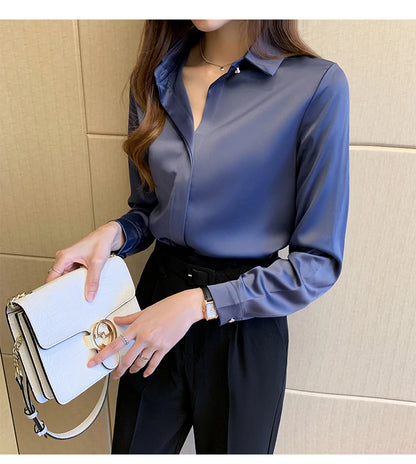 Satin Women Shirt Vintage Long Sleeve Blouse Women Silk Elegant Womens Tops Commuting Luxury White Shirt Autumn Female Clothing