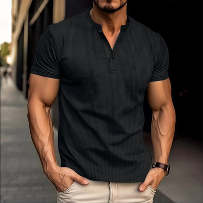 2024 Best-Selling Men's Henry Shirt Solid Color Crewneck Button-Down Men's Short-Sleeved Casual And Comfortable Men's Clothing