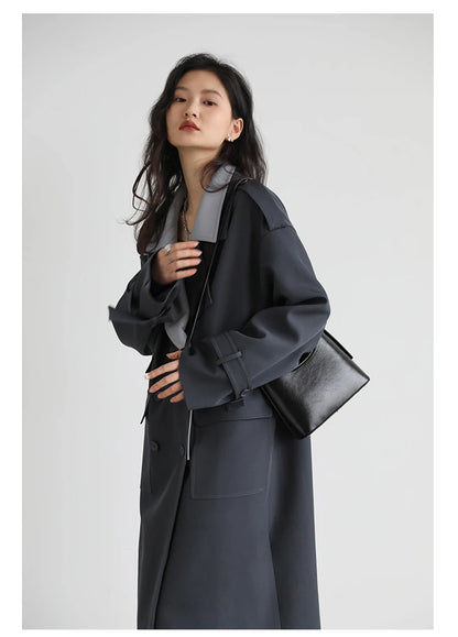 CHIC VEN Women Trench Coat Solid Loose Contrast Double Collar Double Breasted Long Women's Windbreaker Office Lady Spring Autumn