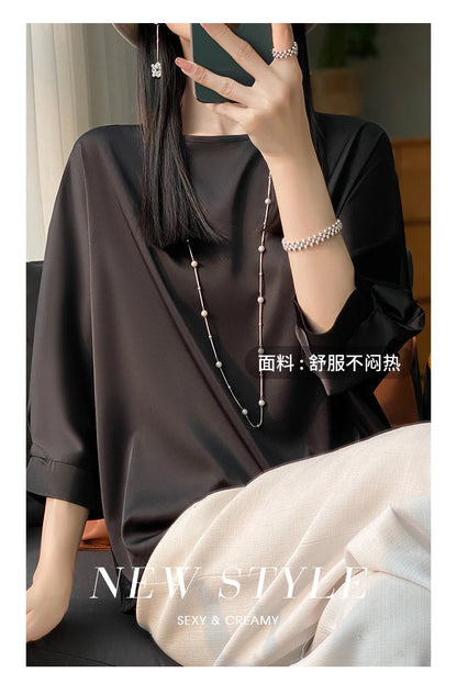 New Acetic Satin Nine-Sleeve T-shirt in Summer Women's Round Neck Loose Large Size Wide Sleeves Outside