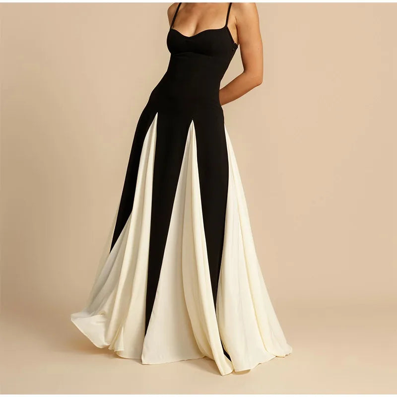 Fashion Contrast Women's V-neck Sling Long Dress For Women Elegant Pleated Backless Sleveless Maxi Dresses Lady Evening Vestidos