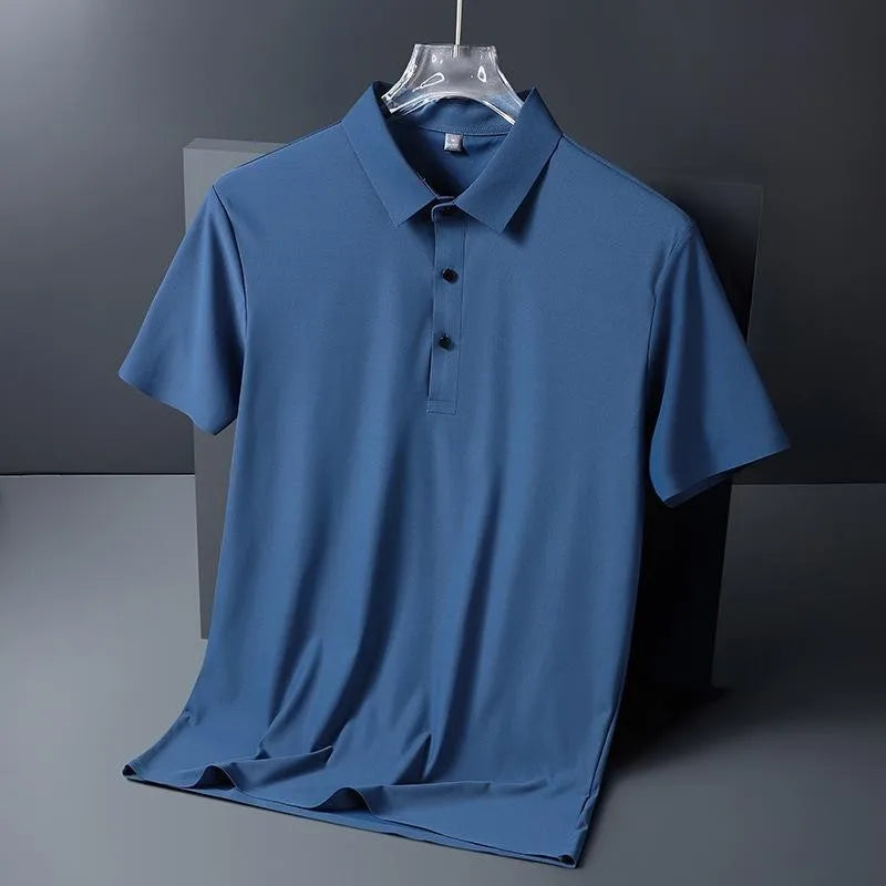 Golf Solid Ice Silk Traceless Silk Loose Polo Shirt Short Sleeve T-shirt Men's Elastic Ironless Thin Polo Neck Light Luxury