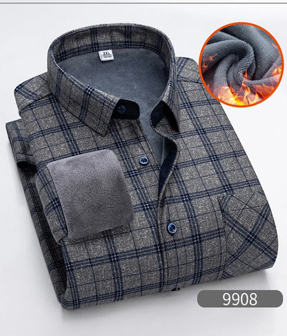 Autumn Winter Thicken Fleece Shirt Men Business Plaid Shirt Long Sleeve Warm Clothes Turn Down Collar Button Up Shirts Classic