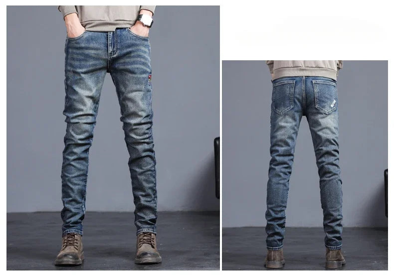 New Men's Vintage Jeans Korean Fashion Slim Little Feet Embroidered Trousers Stretch Male Streetwear Denim Pants