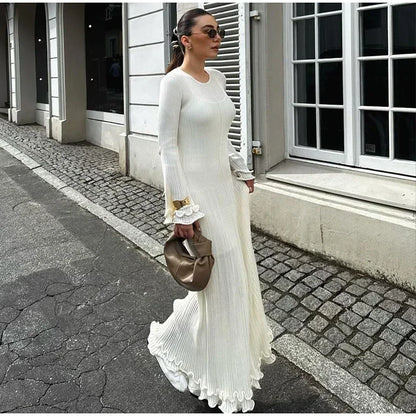 Elegant Women's Ruffles Hem Flare Sleeve Knitted Long Dress Chic Backless Lace Up Round Neck Vestido New Female Vacation Robes