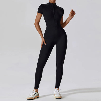 Yoga Set Women's Jumpsuits One-Piece Suit Zipper Short Sleeve Gym Push Up Workout Clothes Fitness Bodysuit Sportswear Tracksuit