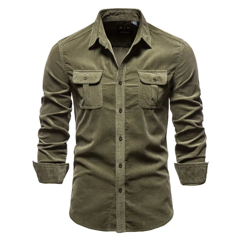 2021 New Single Breasted 100% Cotton Men's Shirt Business Casual Fashion Solid Color Corduroy Men Shirts Autumn Slim Shirt Men