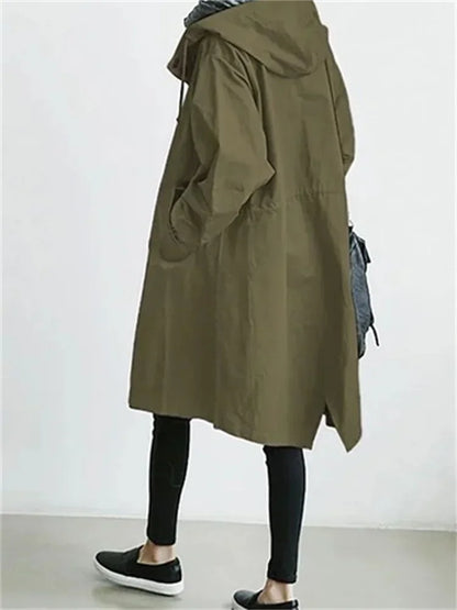 2025 Spring Autumn Casual Korean Fashion Hooded Medium Long Overcoat Loose Windproof Coat Women Trench Coat Solid Color Pocket