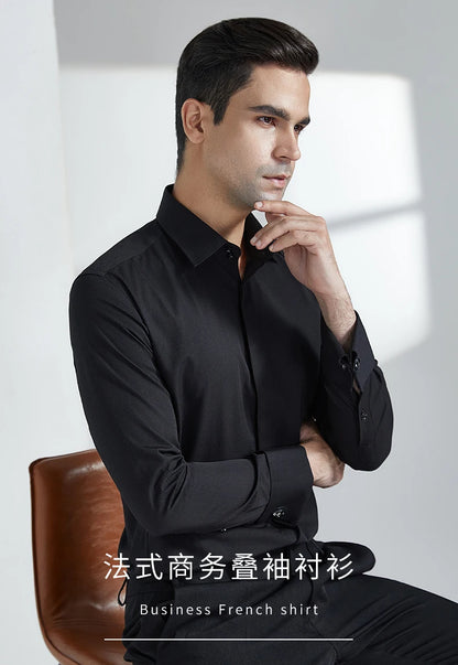 Men's French cufflink shirt with long sleeves slim fit concealed buttons solid color high-end wedding dress formal men's