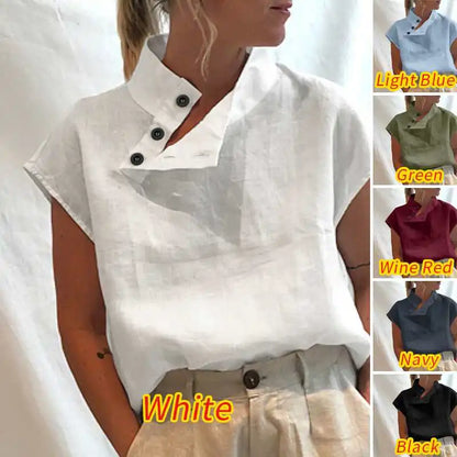 Celmia Summer Cotton Linen Blusas Women 2025 Fashion Turtleneck Short Sleeve Blouses Lightweight Breathable Tunic Tops Oversized