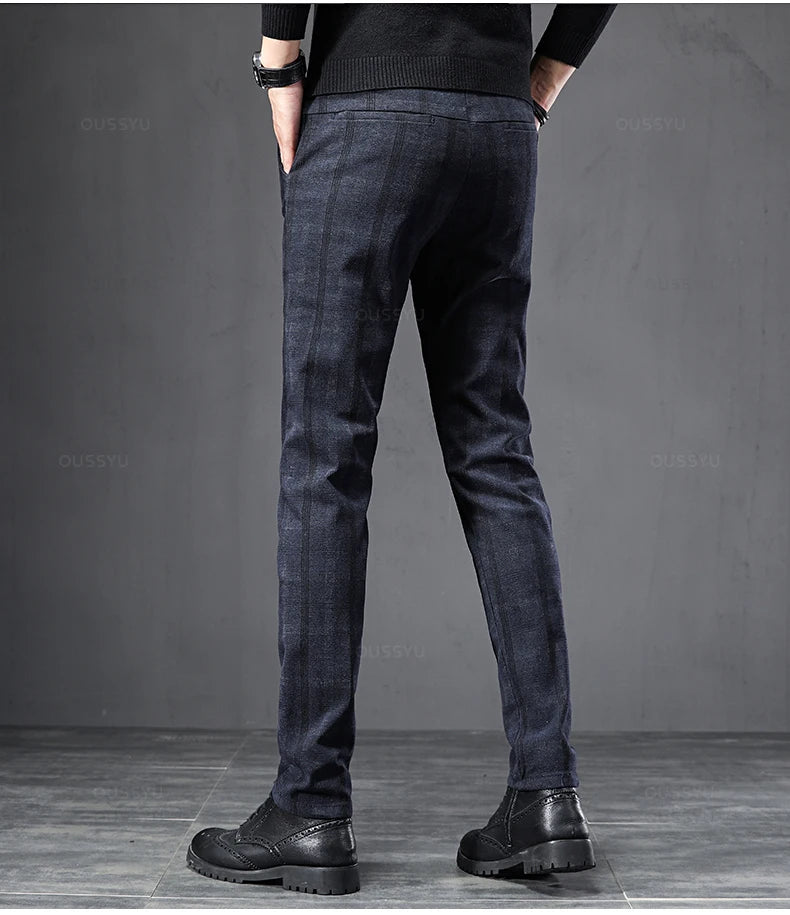 2024 New Spring Autumn England Plaid Work Stretch Pants Men Business Fashion Slim Grey Blue Casual Pant Male Brand Trousers 38