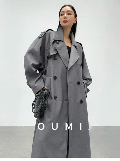 Lautaro Spring Autumn Oversized Khaki Long Grey Trench Coat for Women Double Breasted Loose Casual Korean Fashion Overcoat 2024