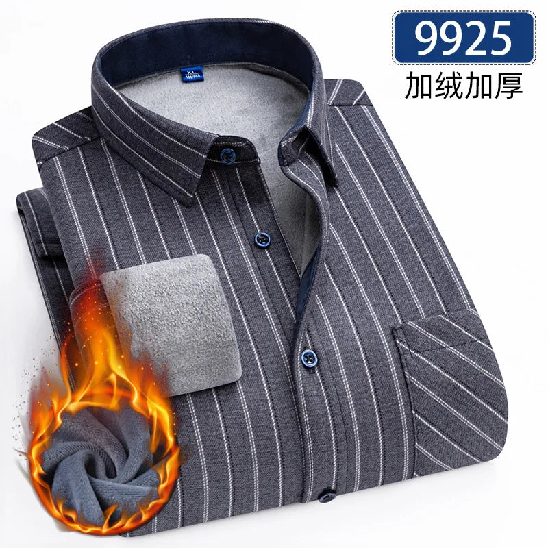 New 5XL men's shirt autumn and winter plus fleece thickened warm long sleeve non-ironing plaid business casual slim-fit fashion