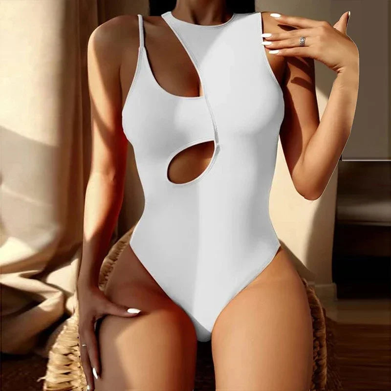 One Piece Swimwear Women One Shoulder Push Up Hollow Out Swimsuits Solid Bathing Suits Beachwear