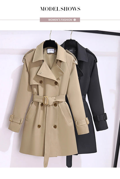 Women British Style Windbreaker Streetwear Double Breasted Trench Coats Elegant Autumn Winter Khaki Or Black Jackets