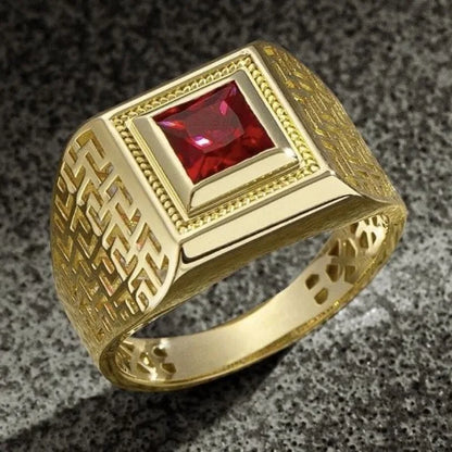 Luxury Gold Color Square Hollow Red Stone Men Rings Wedding Party Jewelry Rings