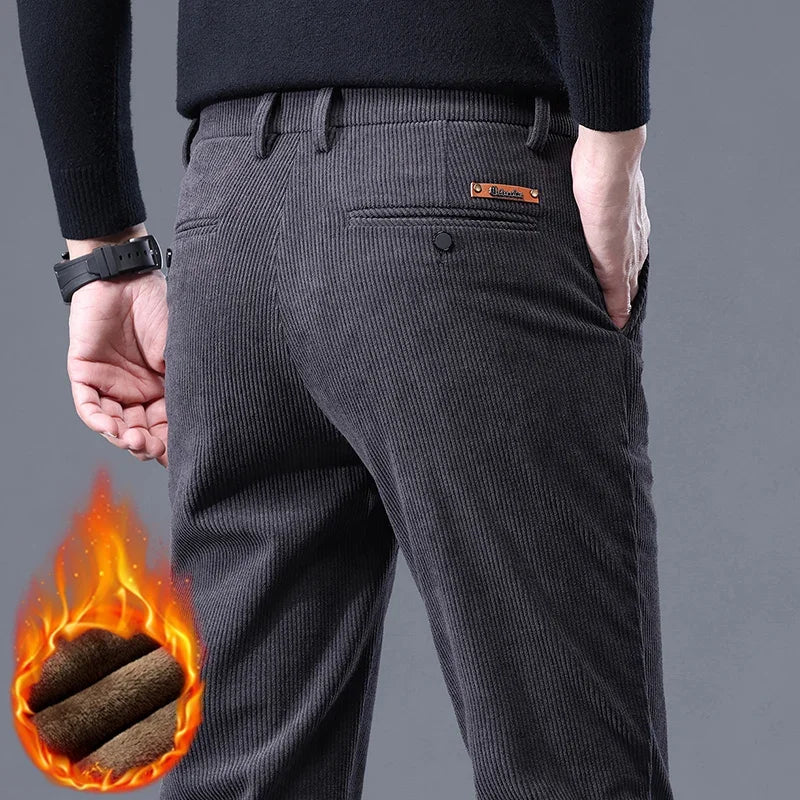 Fleece Men's Corduroy Casual Pants Chenille Stretch Solid Color Business Trousers Thickened Warm Winter Thermal Male Clothing