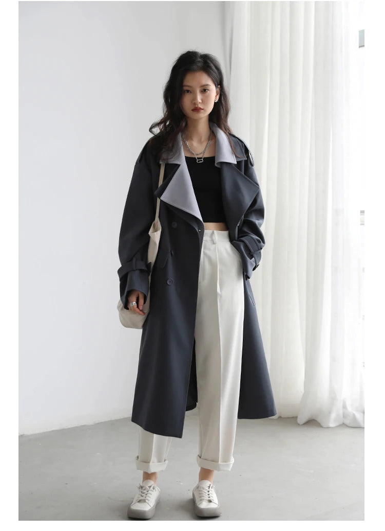 CHIC VEN Women Trench Coat Solid Loose Contrast Double Collar Double Breasted Long Women's Windbreaker Office Lady Spring Autumn