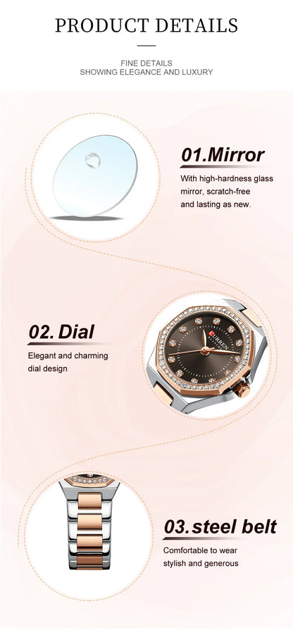 CURREN Original Diamond Watch for Women Fashion Elegant Stainless Steel Waterproof Quartz Wristwatch Luxury Ladies Dress Watches