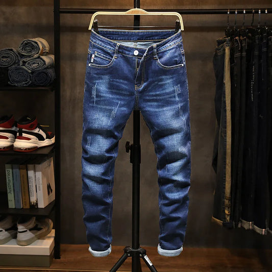 2023 Spring and Autumn New Classic Fashion Solid Color Elastic Small Foot Pants Men's Casual Slim Comfortable High-Quality Jeans