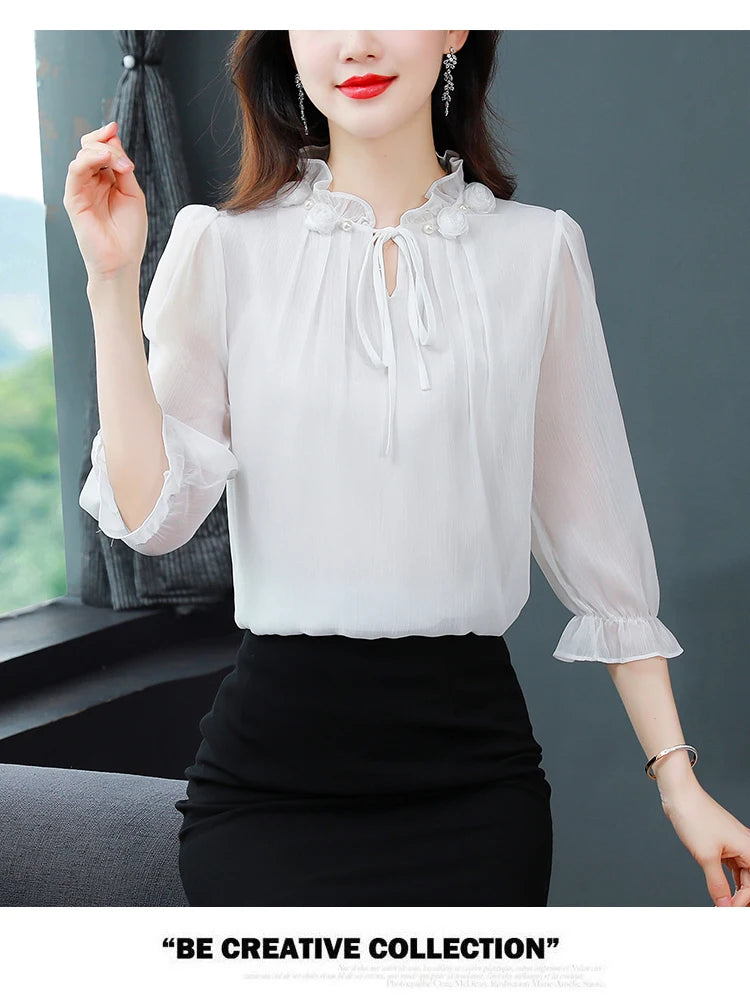 M-4XL Spring Summer Women Tops 2025 New Fashion Chiffon Blouse Petal Collar Half Sleeve Bow tie Loose Casual Shirt