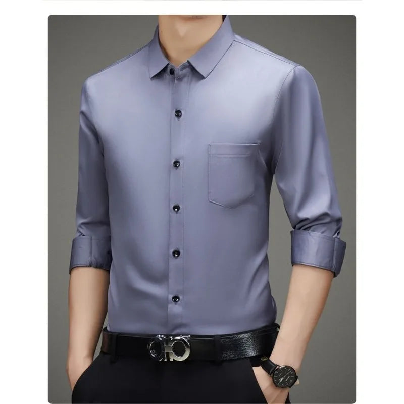 100% Mulberry Silk Shirt Men High Quality Long Sleeve Pocket High-end Business Casual Elastic Anti-wrinkle Non-iron Mens Shirts