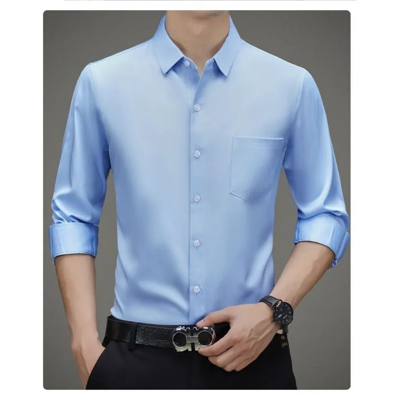 100% Mulberry Silk Shirt Men High Quality Long Sleeve Pocket High-end Business Casual Elastic Anti-wrinkle Non-iron Mens Shirts