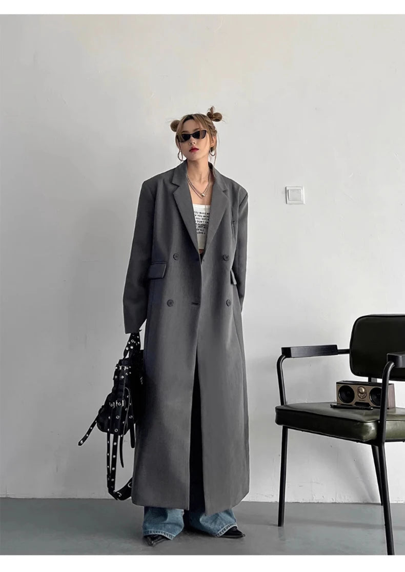 Lautaro Spring Autumn Long Grey Black Trench Coat for Women Double Breasted Loose Casual Korean Fashion Clothing Blazer 2025