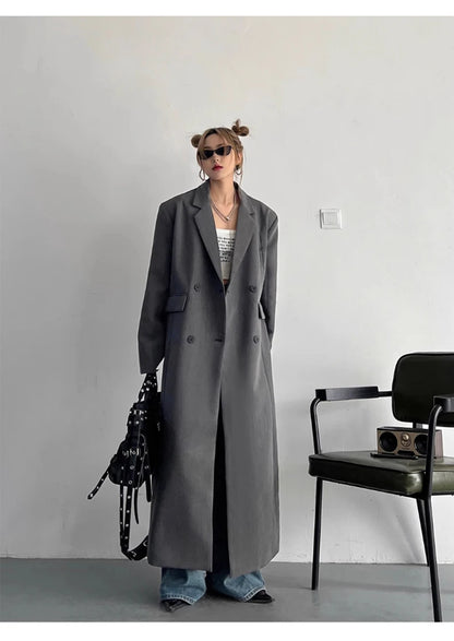 Lautaro Spring Autumn Long Grey Black Trench Coat for Women Double Breasted Loose Casual Korean Fashion Clothing Blazer 2025