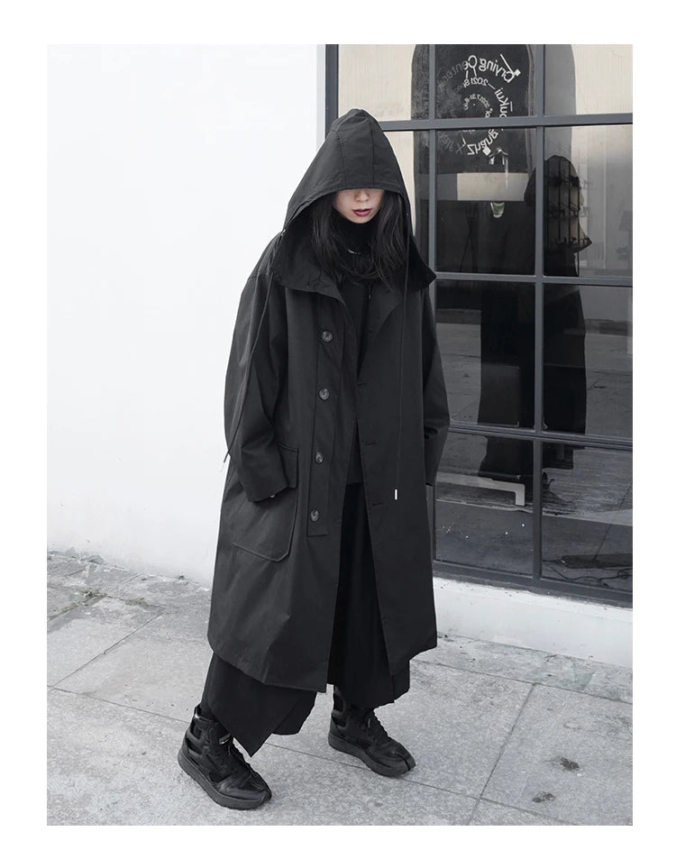 Lautaro Spring Autumn Long Oversized Black Trench Coat with Hood  Dark Academia Aesthetic Luxury Designer Clothes for Women 2022