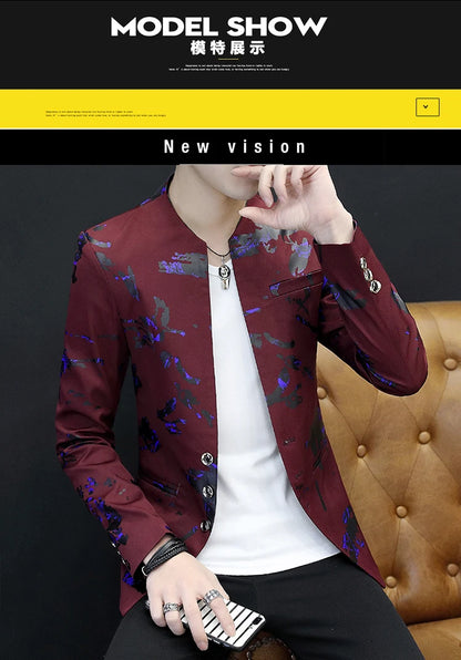 Men's Printed Small Suit Male Korean Version of The Self-cultivation Stand-up Collar Chinese Tunic Casual Suit Thin Jacket Youth