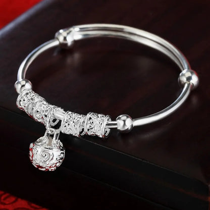 Fine Silver Color Hollow Bells Ball Bangles Adjustable Bracelets for Women Fashion Holiday Gifts Party Wedding Jewelry