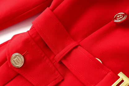 New Fall Party Red Women Pockets Jackets Slim Design Chic Lady Gorgeous Blazer with Belt