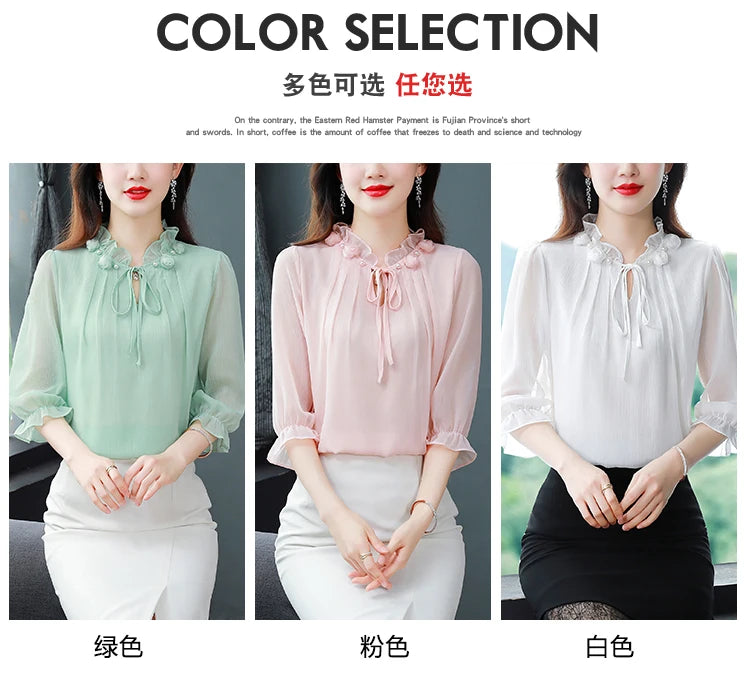 M-4XL Spring Summer Women Tops 2025 New Fashion Chiffon Blouse Petal Collar Half Sleeve Bow tie Loose Casual Shirt