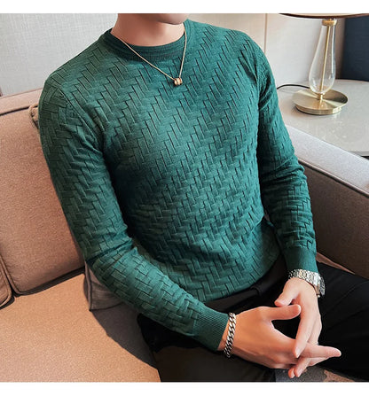 2025 Stretchable Jacquard Woven Winter Crew Neck Sweater Men's Slim Fit Pullover Knitwear Blue, Fashionable Check Pattern