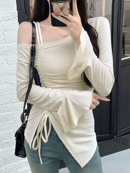 Sweet Sexy Drawstring Ribbon White Off Shoulder Top Women Basic Long Sleeve Body T-Shirt Elegant Flare Sleeve Lady Tees