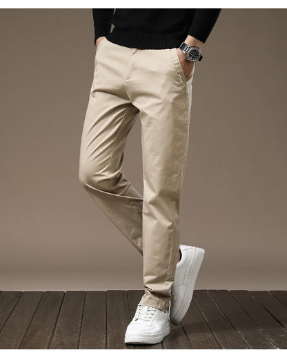 New High Quality Combed Cotton Casual Pants Men Thick Solid color Business Fashion Straight Fit Chinos Gray Brand Trousers Male