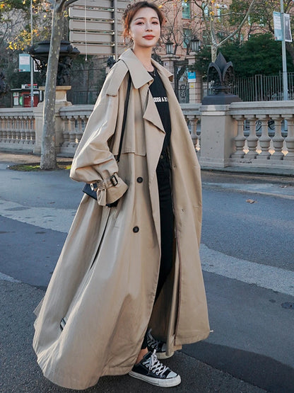 Lautaro Spring Autumn Extra Long Flowy Oversized Casual Trench Coat for Women Belt Double Breasted Loose Korean Fashion 2025