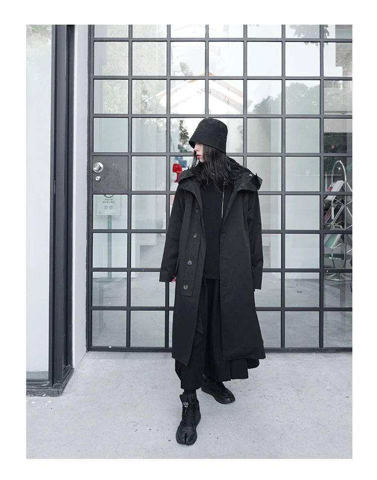 Lautaro Spring Autumn Long Oversized Black Trench Coat with Hood  Dark Academia Aesthetic Luxury Designer Clothes for Women 2022