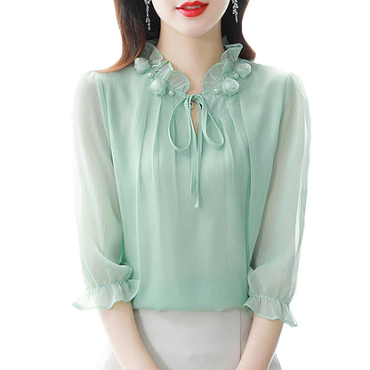 M-4XL Spring Summer Women Tops 2025 New Fashion Chiffon Blouse Petal Collar Half Sleeve Bow tie Loose Casual Shirt