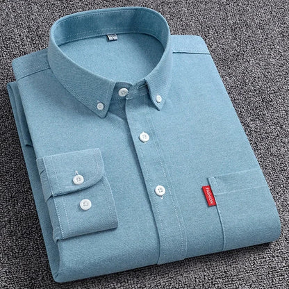 5XL Men's Oxford Long Sleeve Shirts 100% Cotton Solid Color Turn Down Collar Regular Fit Daily Men Clothing Button-down Shirts