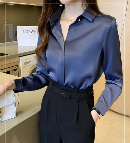 Satin Women Shirt Vintage Long Sleeve Blouse Women Silk Elegant Womens Tops Commuting Luxury White Shirt Autumn Female Clothing