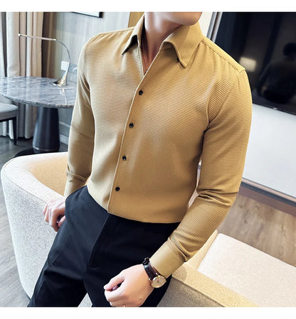 Autumn Solid Color Waffle Shirt Men Slim Fit V Neck Long Sleeve Casual Business Formal Dress Shirts Social Party Streetwear 4XL