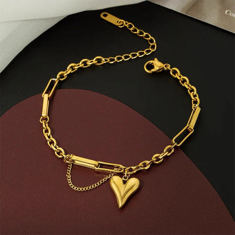 Foxanry 316L Stainless Steel Love Heart Bracelet For Women Girls Korean Fashion Classic Elegant Simple Anniversary Jewelry Gifts