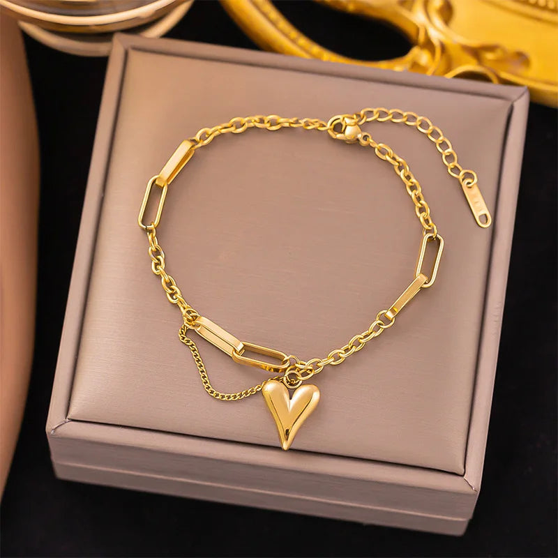 Foxanry 316L Stainless Steel Love Heart Bracelet For Women Girls Korean Fashion Classic Elegant Simple Anniversary Jewelry Gifts